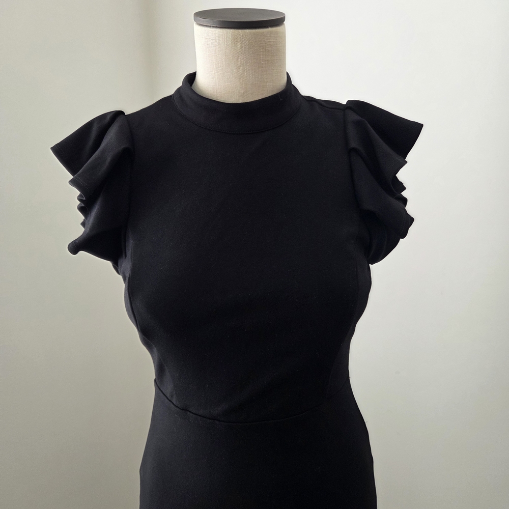 Lulu's Black Ruffle-Shoulder Midi Sheath Dress Pre-Owned - Picture 4 of 10